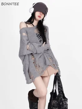 Otoño Nueva Moda Arrancó Pullovers Las Mujeres De Corea Holgados Chic Simple Punto Sexy Bata Ulzzang Streetwear Vintage Suéteres