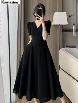 La mujer Elegante cuello en V Fiesta de la Noche de Negro Vestidos de Verano de la Moda de Francia Cintura Delgada de Manga Corta Vestido de Mujer Ropa Casual
