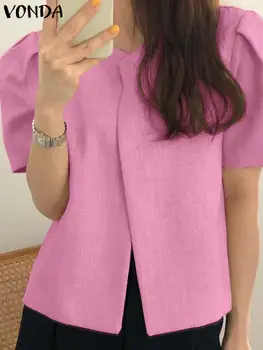 Las Mujeres de la moda Camisetas de 2023 Elegante Blusa de Verano de Manga Corta Sexy Cuello Redondo Sólido Tops Femininas Casual Puff Manga OL Blusas