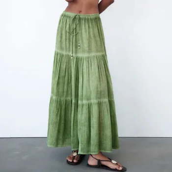 TEELYNN de Algodón de la Línea Verde del Tinte del Lazo Maxi Falda Para las Mujeres de la Vendimia de UNA LÍNEA de Bohemia Faldas de Verano Boho ropa de Playa Suelto de Cintura Elástica
