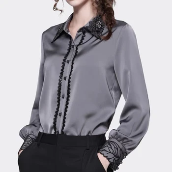 Europa América 2023 Otoño de Raso Bordado con Cuentas Blusa de la Mujer Slim-fit de Diseño Básico Camisetas Elegante Vintage Casual Tops