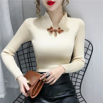 2023 otoño nuevo Chino de la vendimia de punto suéter de la mujer hebilla redonda hueca delgado de manga larga blusa de las mujeres