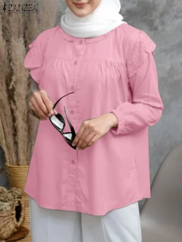 ZANZEA de la Moda Musulmana de la Camisa de Mujer de Manga Larga O Túnica con Cuello Tops Otoño Casual Volantes en el Dobladillo de la Camisa Elegante Volante Blusas Mujer