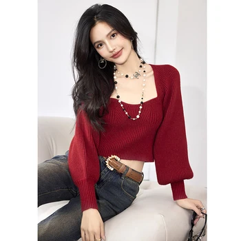 Real shot ◆ Disponibles en stock ◆ francés de la plaza de cuello de punto camisa de otoño de la raya elegante top para mujer con suéter rojo debajo de