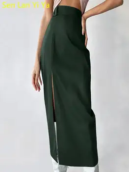 Sen Lan Yi Ya De Verano De La Moda Elegante Delgada De Color Marrón Falda Midi 2023 Sexy De Talle Alto, De Hendidura Verde De La Pu De Cuero De Faldas Para Las Mujeres