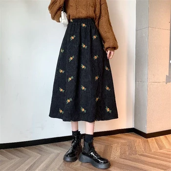Lucyever Otoño Invierno Bordado Floral Faldas Largas De Mujer Vintage Una Línea De Falda De Pana Mujeres Estilo Coreano Faldas De Cintura Alta