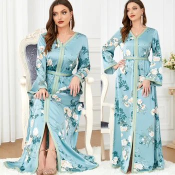 2023 Mujeres Musulmanas Islámica De Manga Larga Abaya Vestido Floral Impreso Vintage Vestido Modesto Ramadán Túnica Dubai Moda Caftán Vestidos