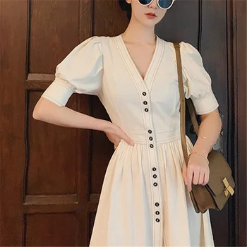 2023 Vestido de las Mujeres del Verano de la Nueva Alta de la Cintura de la Linterna Mangas Blanca de Cuello en V Temperamento Envuelto francés Vestido Largo