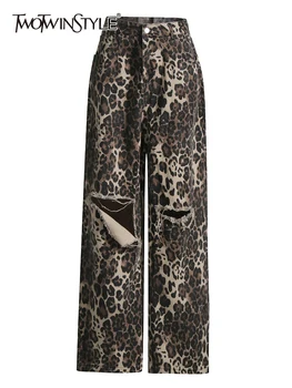 TWOTWINSTYLE Leopard Empalmados Agujero pantalones Vaqueros De las Mujeres de Cintura Alta del Patchwork Bolsillos Casual Ropa de Jean Mujer Ropa de Moda de Nuevo