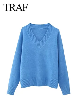 TRAF Otoño 2023 Mujeres Caliente Suelta de Cuello en V Jersey de Sólidos de gran tamaño de punto Suéteres Azules Puente de Manga Larga Suéter Mujeres Prendas de vestir exteriores