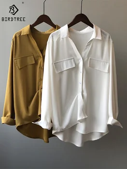Otoño Elegante Casual Tops Blanco de la Blusa de las Mujeres Ropa de Señora de la Oficina de Manga Larga Bolsillos de Camisas Formales T35081M
