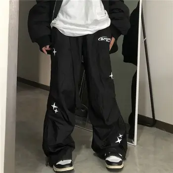 Harajuku Paracaídas Pantalones de Carga de gran tamaño Y2k Ancho de la Pierna de los Pantalones para las Mujeres de Hip Hop Black Anchos Corredores coreano Casual Streetwear
