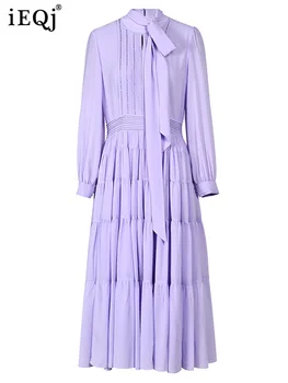 IEQJ Lujo Elegante Plisado Maxi Dreses Para las Mujeres de Encaje de Cuello Alto de la Cintura Delgada Vestido Vintage de 2023 Nueva Primavera Ropa CP0673