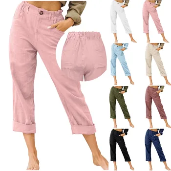 2023 Nueva Mujer Pantalones Casuales De Algodón De Lino Pantalones Con Bolsillos De Damas De Color Sólido Recto Pantalones De Ropa De Pantalones De Mujer