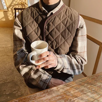 otoño invierno espesado chaleco de algodón a Cuadros sueltos vintage coreano de la moda caliente chaleco casual básico de la ropa de los hombres del chaleco
