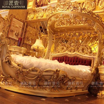 Europea de madera maciza tallada cama doble barco de lujo cama francesa de tela de la princesa de villa de muebles de dormitorio