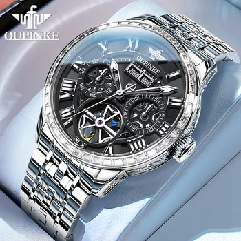 OUPINKE de Lujo Original Reloj Automático de los Hombres Esqueleto Impermeable de Zafiro Acero Inoxidable Diamante Clásico reloj de Pulsera Mecánico