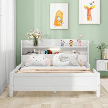 De madera de tamaño completo cama de plataforma con luces LED, almacenamiento cama, dormitorio con cama individual, adultos y adolescentes de cama, cama de niño, cuna, cama doble