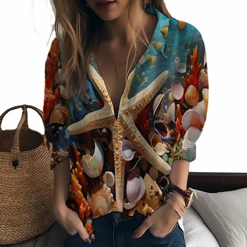 Verano nueva camisa de señoras, estrellas de mar impreso en 3D señora de la camisa casual de vacaciones de estilo de la camiseta de la mujer de la moda de moda suelta camisa de señora