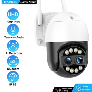 HAMROL 4K de 8MP IP PTZ de la Cámara de Doble Lente de Zoom de 5 aumentos al aire libre de Detección Humano de la Visión Nocturna de Dos vías de Audio de 4MP de Seguridad de la Cámara CCTV