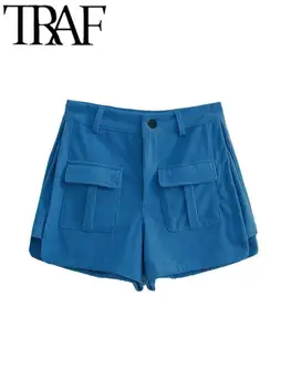 TRAF Y2K las Mujeres de la Moda pantalones de Pana con Cremallera Bolsillos de Carga Cortos de Mujer Talle Alto, Pantalones Cortos Azul 2023 Verano