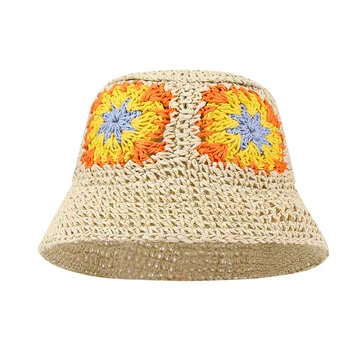 al aire libre en verano de papel del sombrero de paja de las mujeres de la playa de sol de ala ancha de tejido de flores cubo strae sombrero