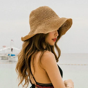 De Ala ancha Disquete de Verano los Sombreros para las Mujeres Simple Sombrero de Sol de Playa de Panamá de Paja Cúpula de Tejido de Sombrero de Cubo de Femme Sombra Sombrero Sombreros de las Mujeres