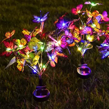 2 Pcs Nuevos solares del jardín de la lámpara solar de la mariposa de la linterna del patio sendero de césped al aire libre impermeable de color cambio de lámpara decorativa