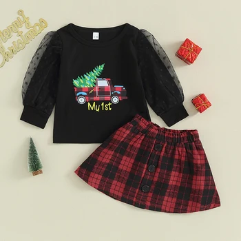 Toddler Girl 2 Pieza de ropa Negra de Manga Larga Camión de Impresión de la Carta de Tapas de Botón a Cuadros un Conjunto de Falda de Moda de los Niños de Navidad Conjunto de Ropa de
