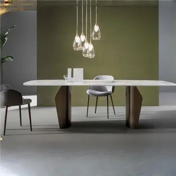Luz de lujo pizarra mesa de comedor minimalista casa villa mesa de comedor moderna de acero inoxidable de titanio de oro mesa de comedor