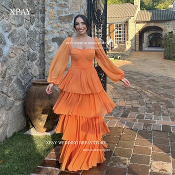 XPAY Naranja de Gasa con Gradas Vestidos de fiesta de manga Larga Calada Novia árabe de Mujer, vestidos de Noche Formal Vestido de Fiesta Vestidos